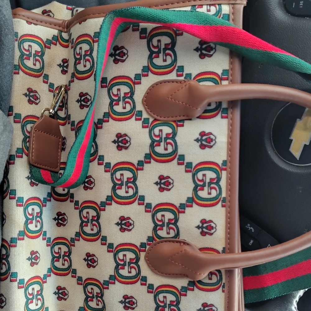 Gucci Beige and Brown Tote with Red and Green Straps